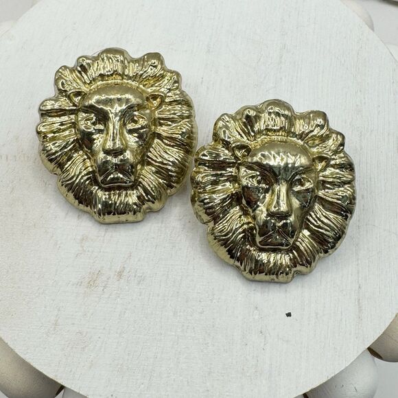 Vintage Gold Tone Lion Head Large Stud Earrings - Picture 1 of 6